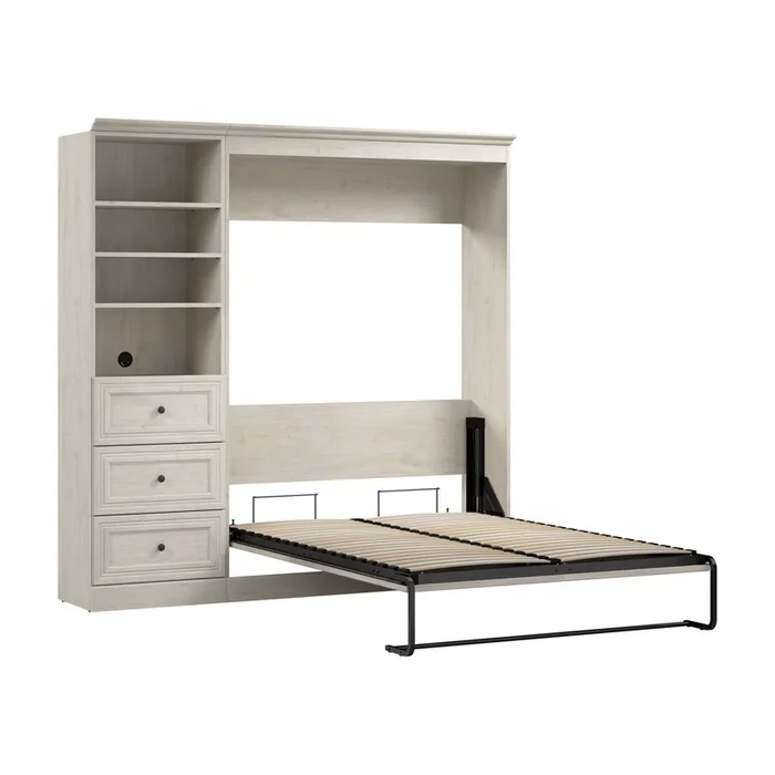 Bestar Versatile Full Murphy Bed Closet Organizer with Drawers (84 W) – Linen White Oak|Lit double escamotable Versatile de Bestar avec organisateur de garde-robe et tiroirs (84po [L]) – blanc chne lin
