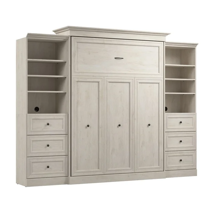 Bestar Versatile Queen Murphy Bed and Two Closet Organizers with Drawers (115 W) – Linen White Oak|Grand lit escamotable Versatile de Bestar de 115po (L) avec 2organisateurs de garde-robe et tiroirs – blanc chne lin