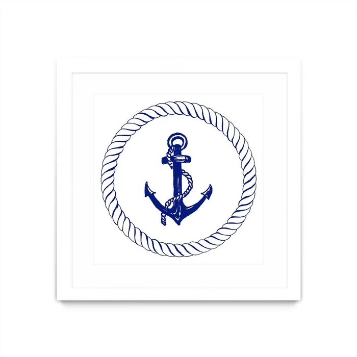 Blue Nautical Circle I Matted and Framed White 30×30 Wall Art|uvre dart murale encadre blanche et mate Blue Nautical Circle I 30×30
