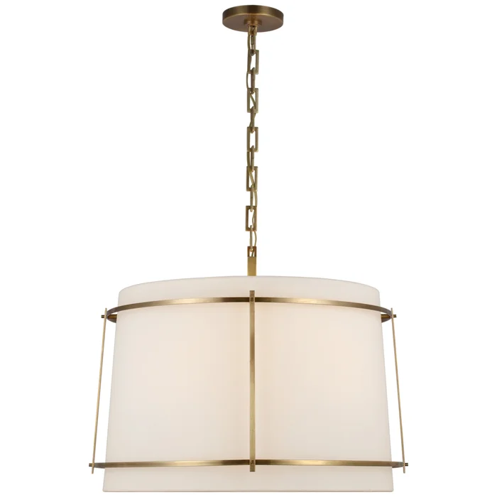 Carrier and Company Callaway Large Hanging Shade in Hand-Rubbed Antique Brass with Linen Shade and Frosted Acrylic Diffuser Ceiling Light W24.5″ x H19.25″