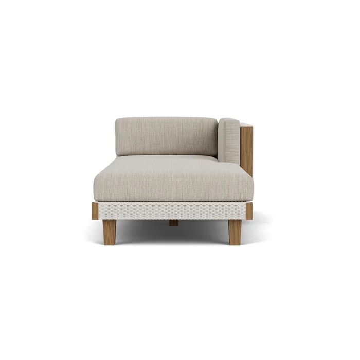 catalina left arm chaise in antique white finish with friendly flax fabric grade b