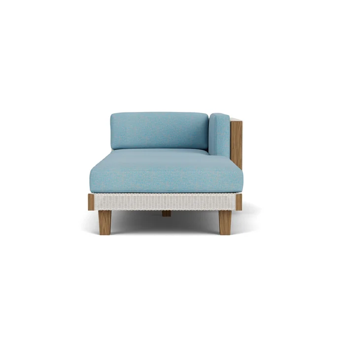 catalina left arm chaise in antique white finish with leeds light blue fabric grade a