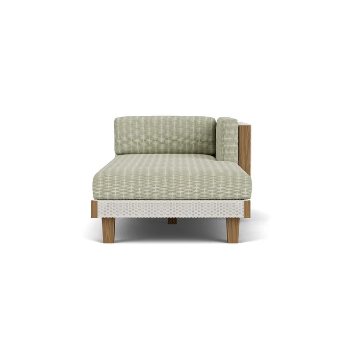 catalina left arm chaise in antique white finish with romulo laurel fabric grade c