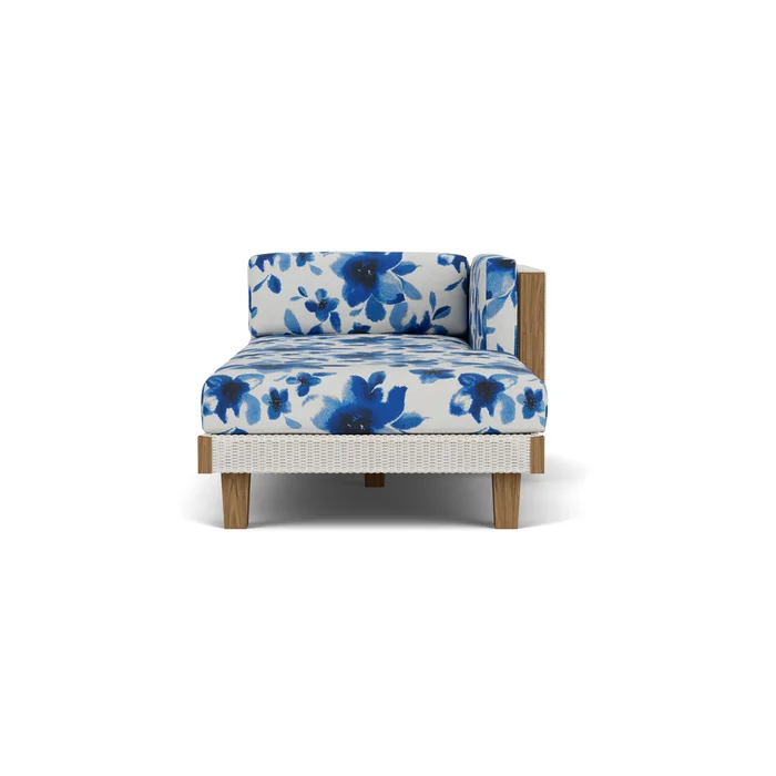 catalina left arm chaise in antique white finish with watercolor blossom capri fabric grade d