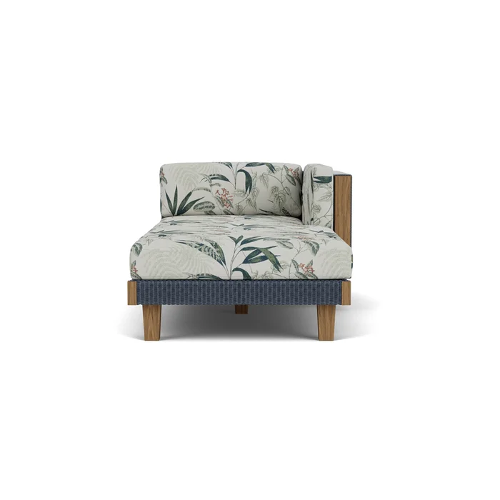 catalina left arm chaise in denim blue finish with delicate botanical sage fabric grade d