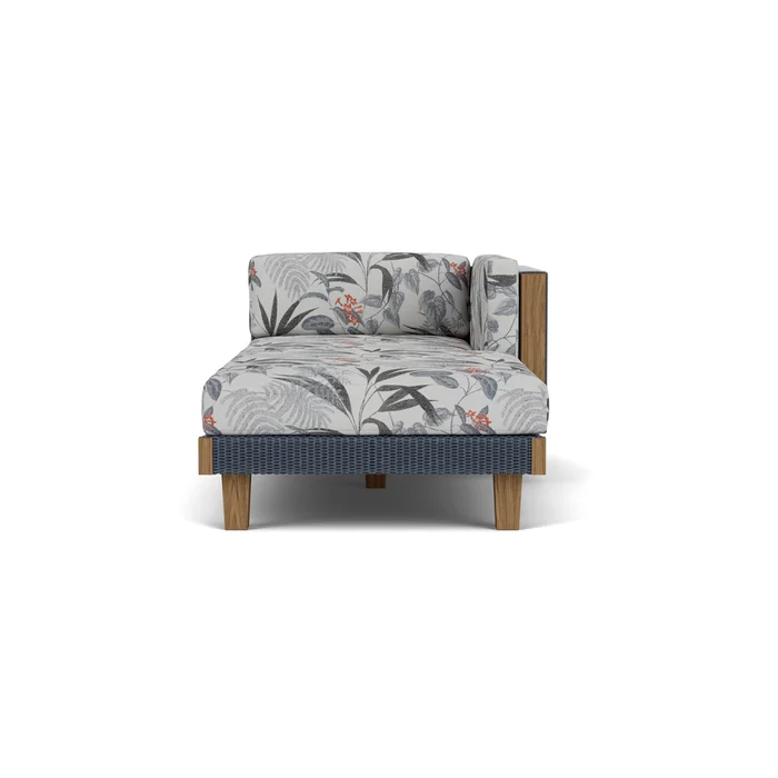 catalina left arm chaise in denim blue finish with delicate botanical slate fabric grade d