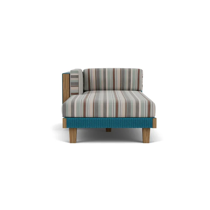 catalina right arm chaise in peacock finish with lima heron fabric grade c