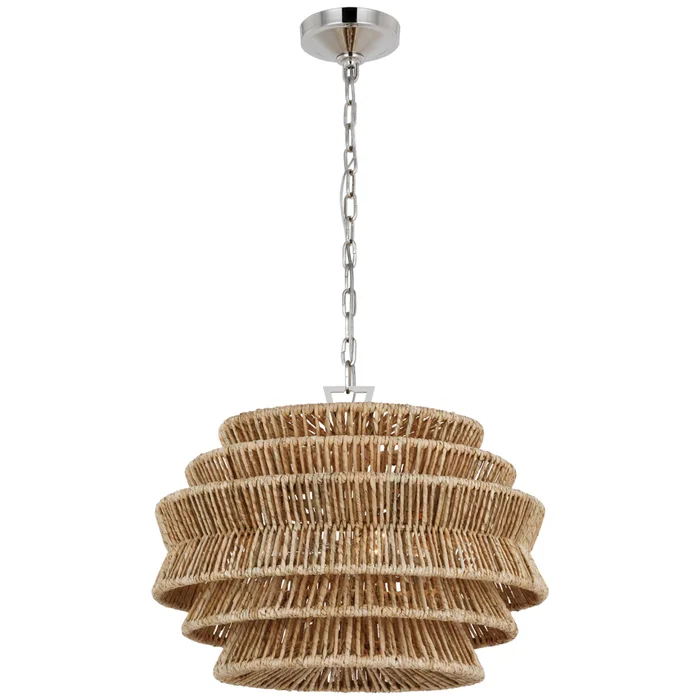 Chapman & Myers Antigua Small Drum Chandelier in Polished Nickel and Natural Abaca Ceiling Light W22″ x H17″