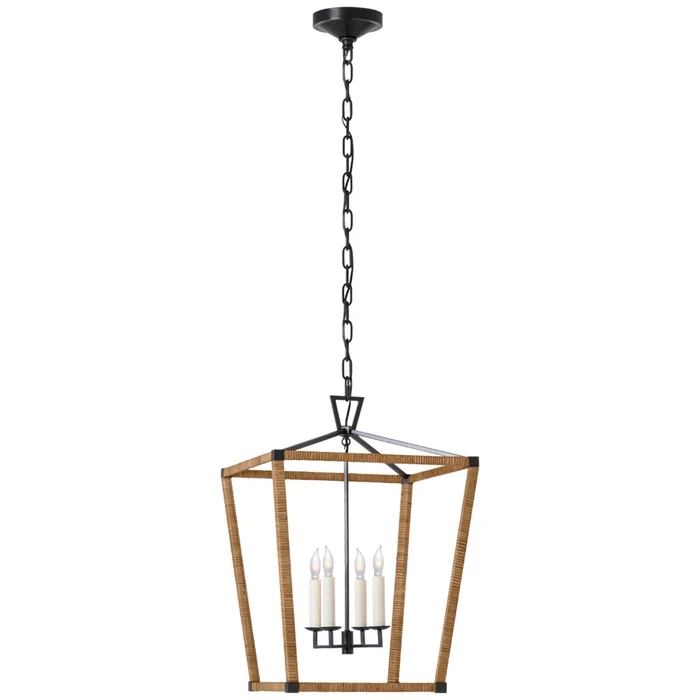 Chapman & Myers Darlana Medium Wrapped Lantern in Aged Iron and Natural Rattan Ceiling Light W17″ x H24.5″