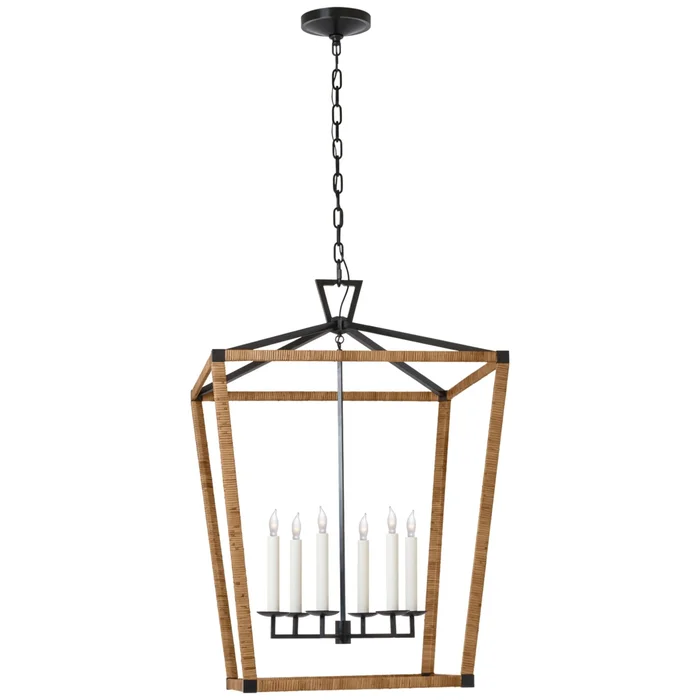 Chapman & Myers Darlana XL Wrapped Lantern in Aged Iron and Natural Rattan Ceiling Light W29″ x H42″