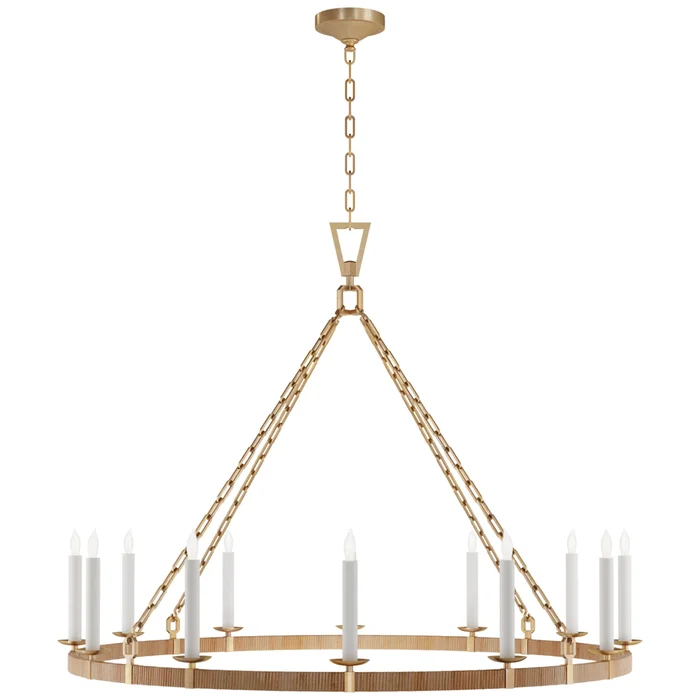 Chapman & Myers Darlana XL Wrapped Ring Chandelier in Antique-Burnished Brass and Natural Rattan Ceiling Light W50″ x H38.75″