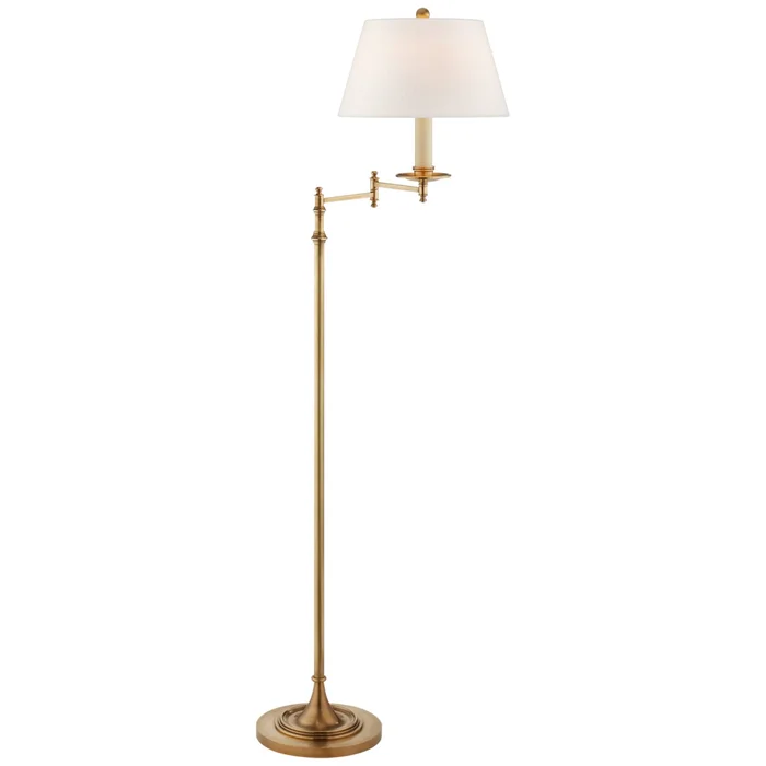 Chapman & Myers Dorchester Swing Arm Floor Lamp in Antique-Burnished Brass with Linen Shade W12″ x H51″ – 64″