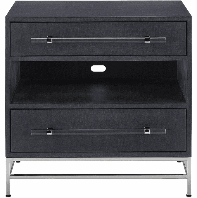 Currey & Company 3000-0153 Marcel Contemporary Navy Lacquered Linen, Polished Nickel, Black and Clear Nightstand
