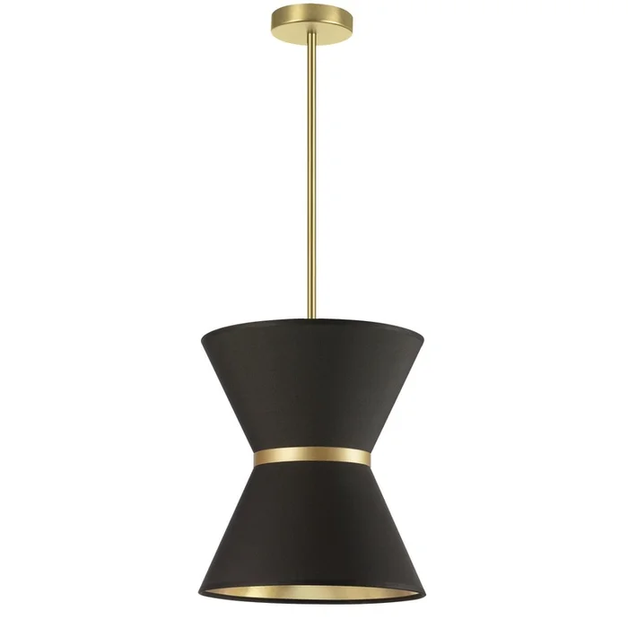 Dainolite Caterine 1 Light Pendant 12 Dia Aged Brass Finish Gold Ring/Black Shade Lamp|Luminaire suspendu Caterine de Dainolite de 12po de diamtre, avec abat-jour noir, anneau argent, fini laiton vieilli et 1ampoule