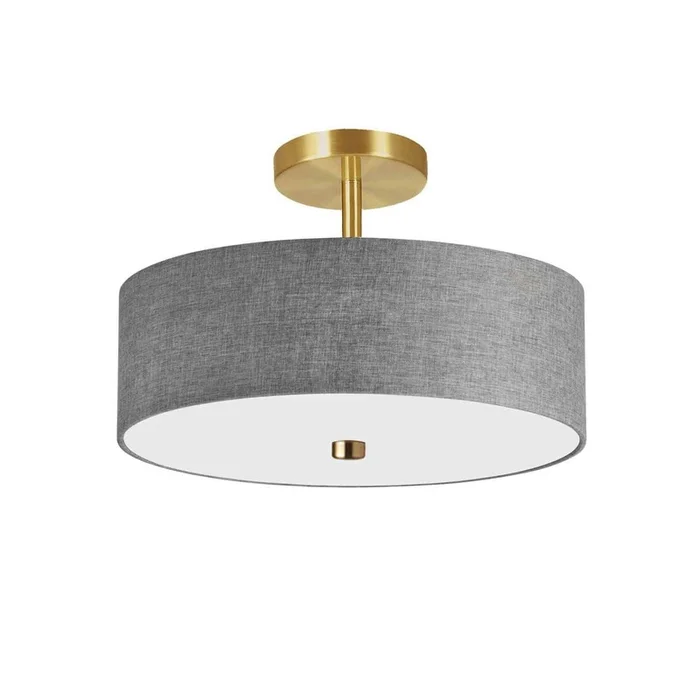 Dainolite Everly 3 Light Semi-flush Mount Aged Brass Grey Shade Lamp|Plafonnier semi-affleur Everly de Dainolite avec abat-jour gris, fini laiton vieilli et 3ampoules