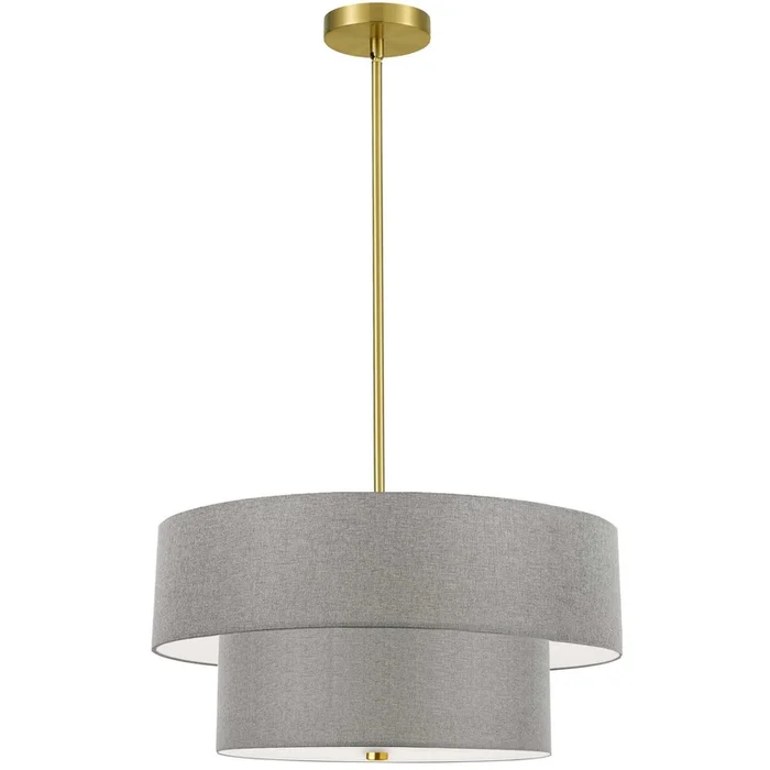 Dainolite Everly 4 Light 2 Tier Pendant Aged Brass Finish Grey Shade Lamp|Luminaire suspendu Everly de Dainolite avec abat-jour gris, 2niveaux, fini laiton vieilli et 4ampoules