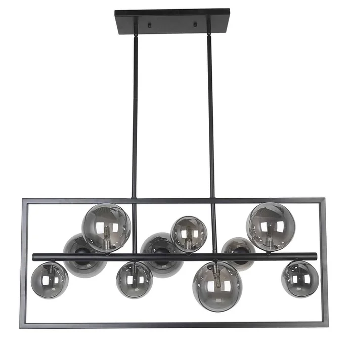 Dainolite Glasgow 10 Light Horizontal Pendant Square Frame Matte Black Finish Smoked Glass Lamp|Luminaire suspendu horizontal Glasgow de Dainolite en verre fum, avec cadre carr, fini noir mat et 10ampoules
