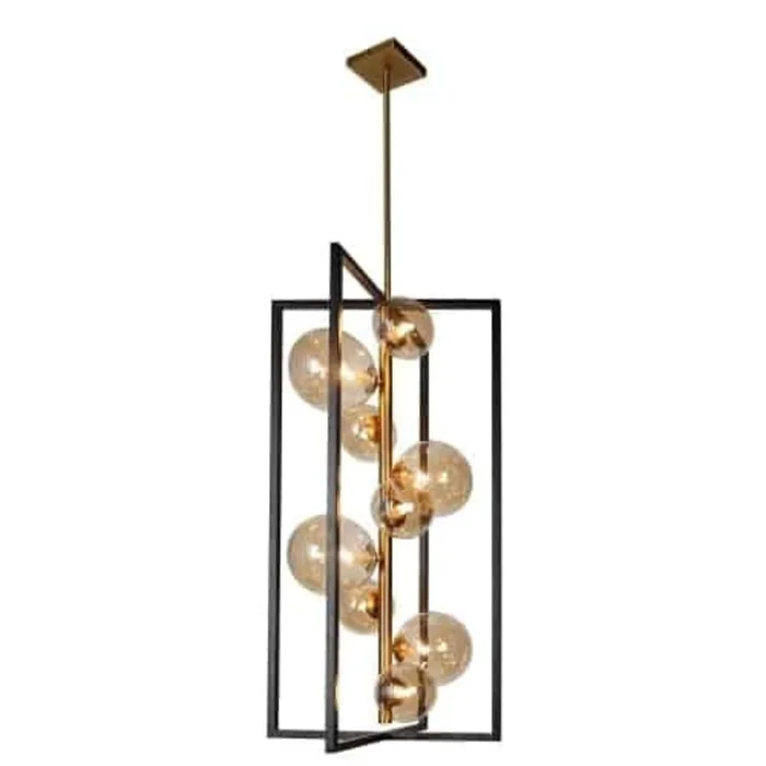 Dainolite Glasgow 9 Light Pendant Matte Black/Vintage Bronze Finish Champagne Glass Lamp|Luminaire suspendu Glasgow de Dainolite en verre champagne, avec fini noir mat et bronze rtro, et 9ampoules