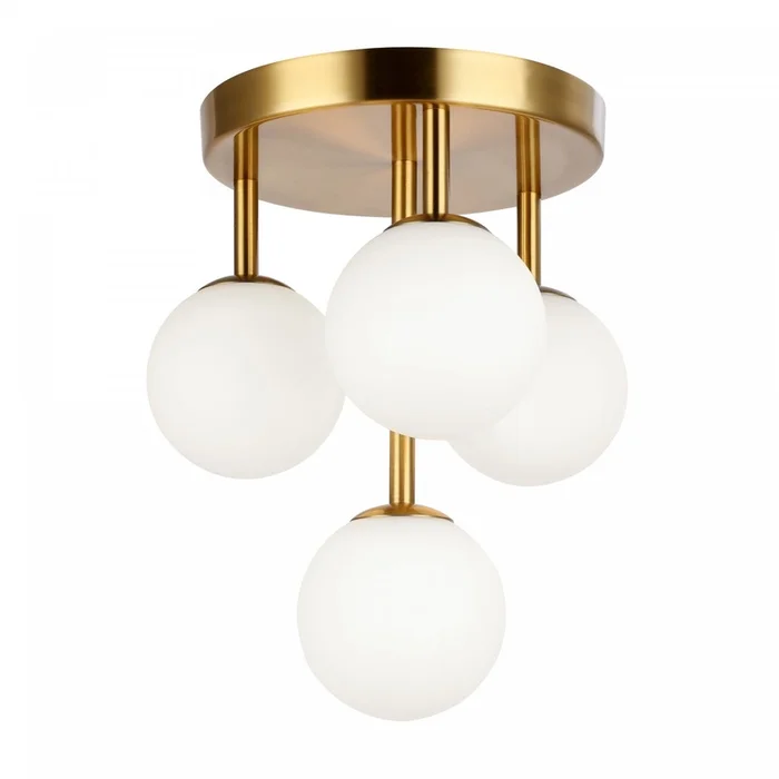 Dainolite Megallan 4 Light Flush Mount Aged Brass Opal White Glass Lamp|Plafonnier affleur Megallan de Dainolite en verre blanc opale, avec fini laiton vieilli et 4ampoules
