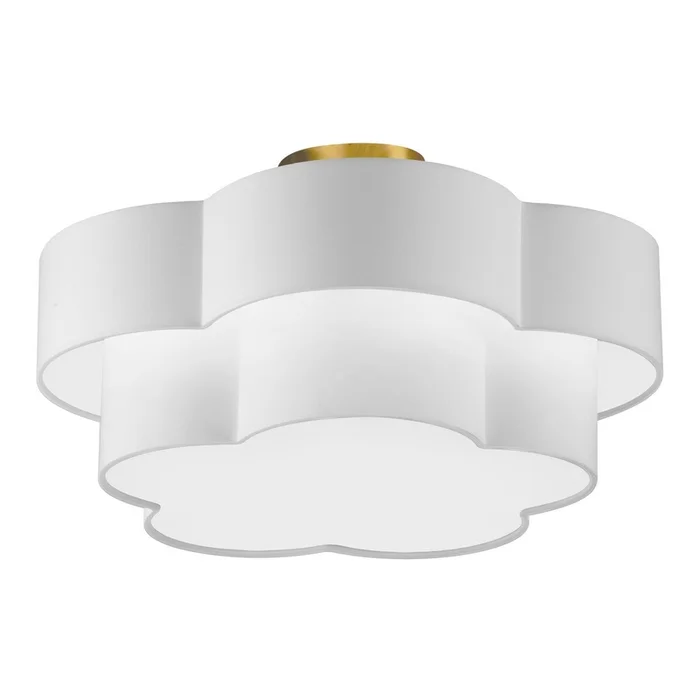 Dainolite Phlox 3 Light Flush Mount Large Aged Brass White Shade Lamp|Grand plafonnier affleur Phlox de Dainolite avec abat-jour blanc, fini laiton vieilli et 3ampoules