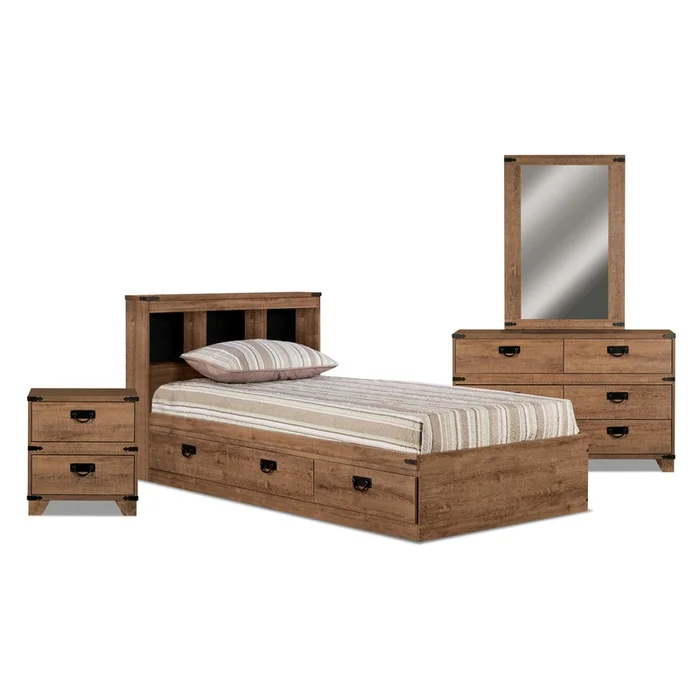 Driftwood Mates Bed 6pc Set with Storage Headboard, Dresser, Mirror & Nightstand, Brown – Twin Size | Ensemble lit matelot Driftwood 6pices avec tte de lit de rangement, commode, miroir et table de nui, brun – format lit simple
