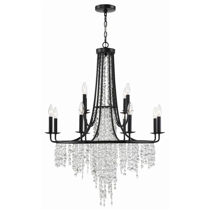 Gabrielle 12 Light Matte Black Chandelier Hand Cut Crystal 30″W x 40″H x 30″D