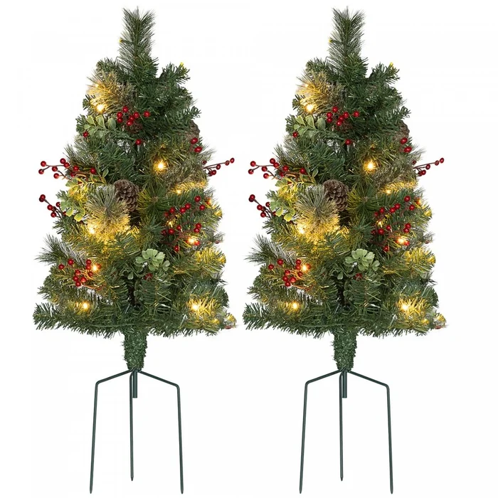 Homcom 2ft 2 Pack Lighted Small Christmas Tree With Red Berries Green|Homcom Lot De 2 Petits Sapins De Noel Eclaires, Vert, 2 Pieds