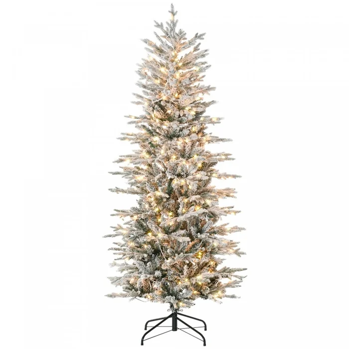 Homcom 6′ Flocked Artificial Christmas Tree With Warm Yellow Clear Lights|Homcom Arbre De Noel Artificiel Floque De 6 Pi Avec Lumieres Jaune