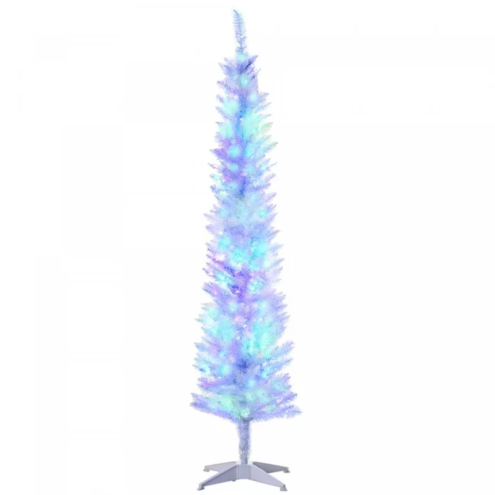 Homcom 6′ Slim Artificial Christmas Tree With Colourful Led Lights, White|Homcom Sapin De Noel Artificiel De 6 Pi Avec Lumieres Led Colorees, Blanc