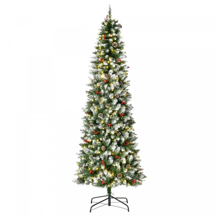 Homcom 7.5′ Prelit Flocked Artificial Xmas Tree W/ Pine Cones, Berries|Homcom Arbre De Noel Artificiel Floque Pre-eclaire 7,5′ Avec Pommes De Pin