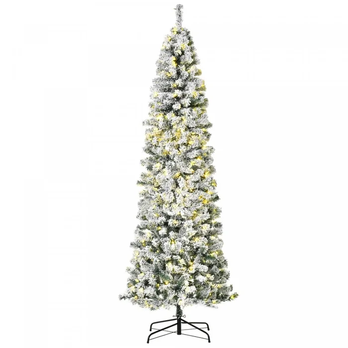 Homcom 7.5ft Prelit Artificial Snow Flocked Pencil Christmas Tree|Homcom Arbre De Noel En Forme De Crayon Floque De Neige Artificielle Pre-eclaire De 7.5 Pieds Avec 350 Lumieres Led Blanc Chaud Et 641 Pointes De Branche