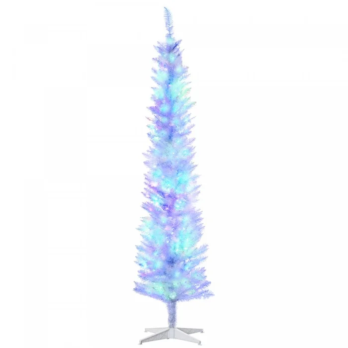 Homcom 7′ Slim Artificial Christmas Tree With Colourful Led Lights, White|Homcom Sapin De Noel Artificiel 7 Pi Avec Lumieres Del Colorees, Blanc