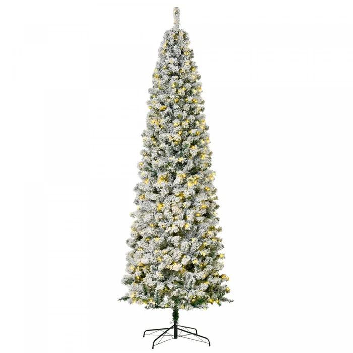 Homcom 9ft Prelit Artificial Snow Flocked Pencil Christmas Tree|Homcom Sapin De Noel En Forme De Crayon Floque 9 Ft