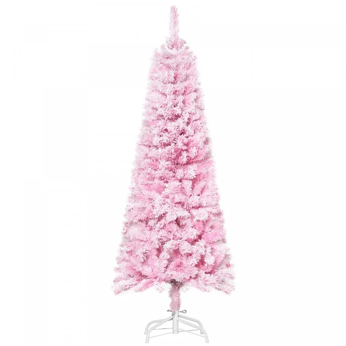 Homcom Snow Flocked Pencil Artificial Christmas Tree With Steel Base Pink|Homcom Arbre De Noel Artificiel Floque De Neige De 5 Pieds