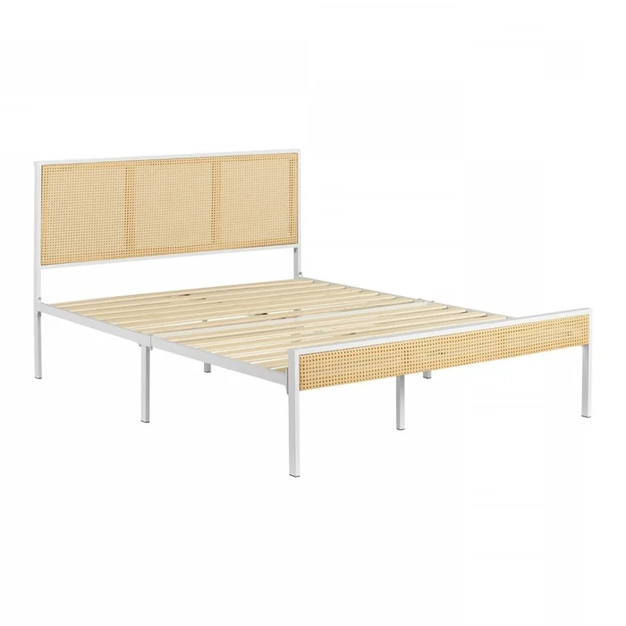 Hoya Natural Cane Metal Full Platform Bed White/Natural|Lit double plateforme Hoya en mtal avec cannage naturel – blanc et naturel
