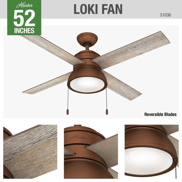 Hunter Loki 52″ Ceiling Fan w/LED Light – Weathered Copper – 51036