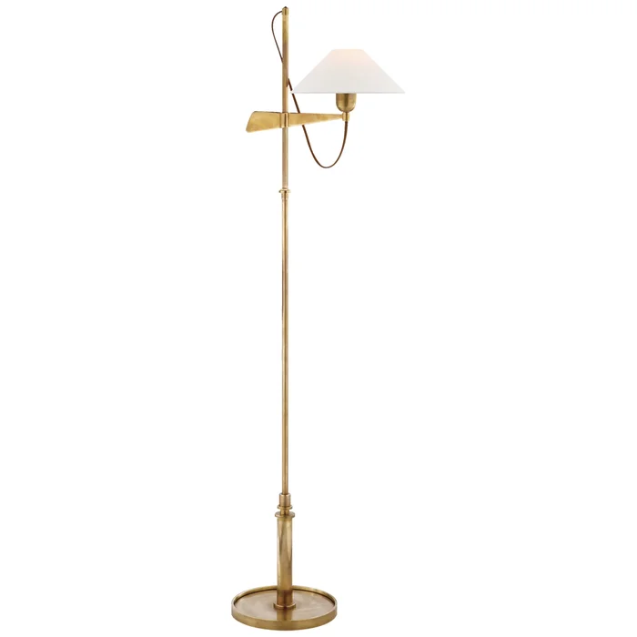 J. Randall Powers Hargett Bridge Arm Floor Lamp in Hand-Rubbed Antique Brass with Linen Shade H50″ – 56.5″