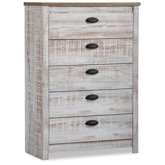 Kaia 5-Drawer Bedroom Chest, 31.38W x 45.3H, Made in Canada – Whitewash | Commode verticale Kaia de 31,38po (L) x 45,3po (H) 5tiroirs pour la chambre coucher, fabrique au Canada – blanchie