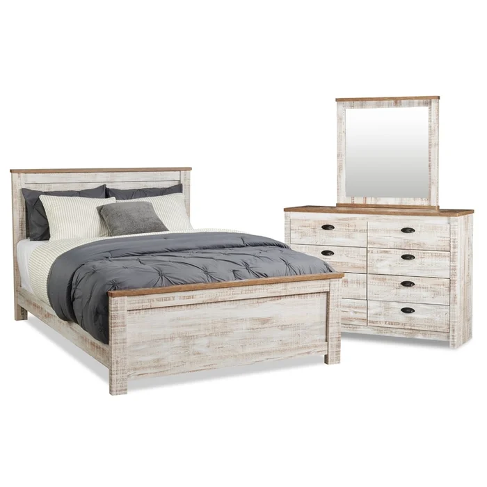 Kaia 5pc Bedroom Set with Panel Bed, Dresser & Mirror, Whitewash – Full Size | Ensemble de chambre coucher Kaia 5pices avec lit panneau, commode et miroir, blanchi – format lit double