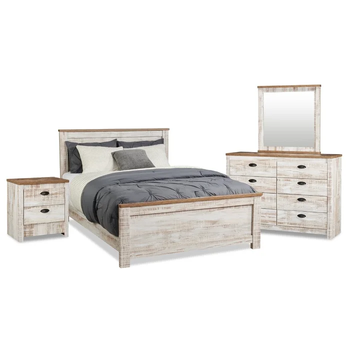 Kaia 6pc Bedroom Set with Panel Bed, Dresser, Mirror & Nightstand, Whitewash – Full Size | Ensemble de chambre coucher Kaia 6pices avec lit panneau, commode, miroir et table de nuit, blanchi – format lit double