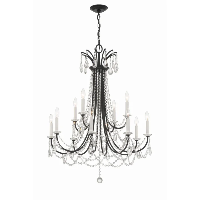 Karrington 12 Light Matte Black Chandelier Hand Cut Crystal 30″W x 40″H x 30″D