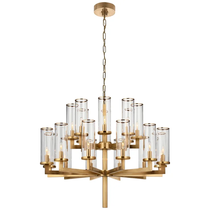 Kelly Wearstler Liaison Double Tier Chandelier in Antique-Burnished Brass with Clear Glass Ceiling Light W34″