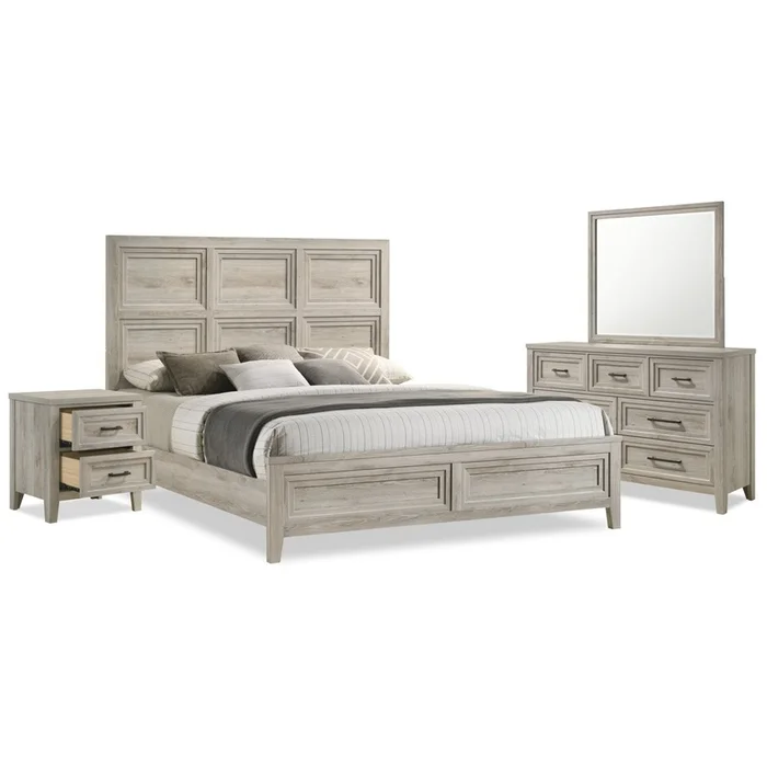 Lara 6pc Bedroom Set with Bed, Dresser, Mirror & Nightstand, Antique Grey – King Size | Ensemble de chambre coucher Lara 6pices avec lit, commode, miroir et table de nuit, gris antique – format trs grand lit