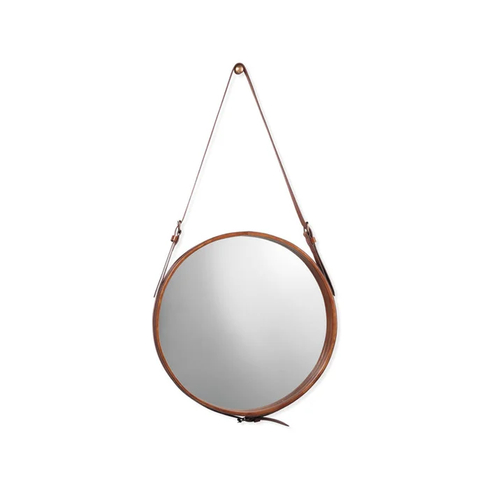 large round steel wall mirror, brown leather