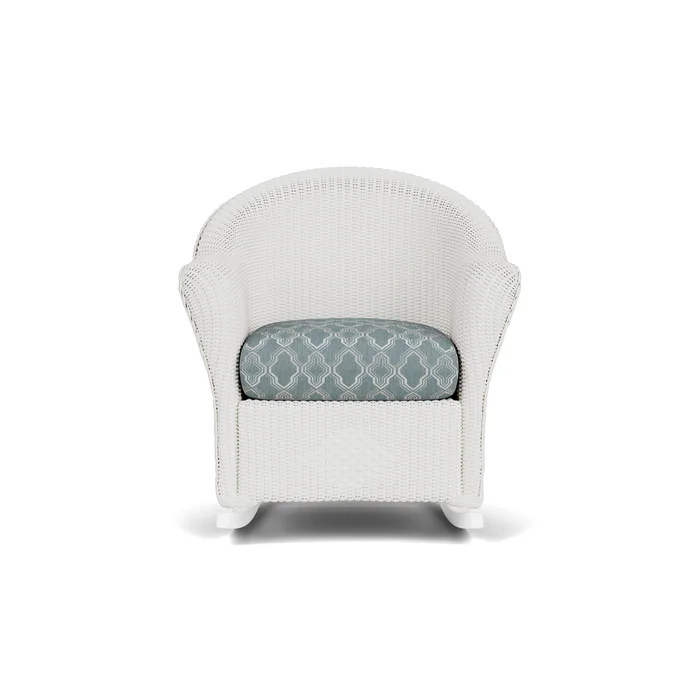 lloyd flanders reflections porch rocker in matte white finish with luna mist fabric grade c
