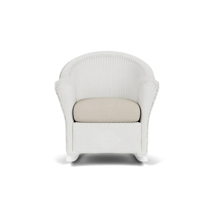lloyd flanders reflections porch rocker in matte white finish with sandberg flax fabric grade b
