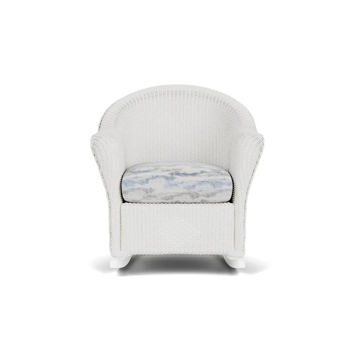 lloyd flanders reflections porch rocker in matte white finish with stratosphere cloud fabric grade c