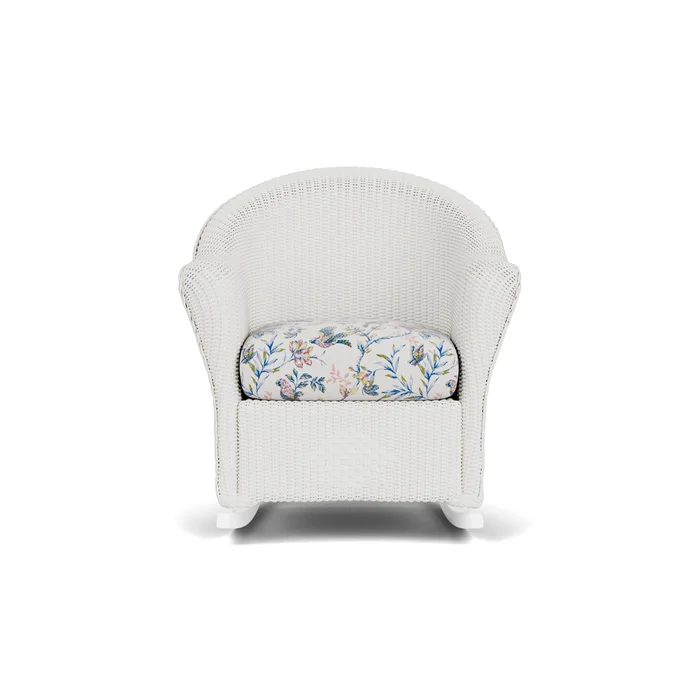 lloyd flanders reflections porch rocker in matte white finish with whimsical bird song fabric grade d