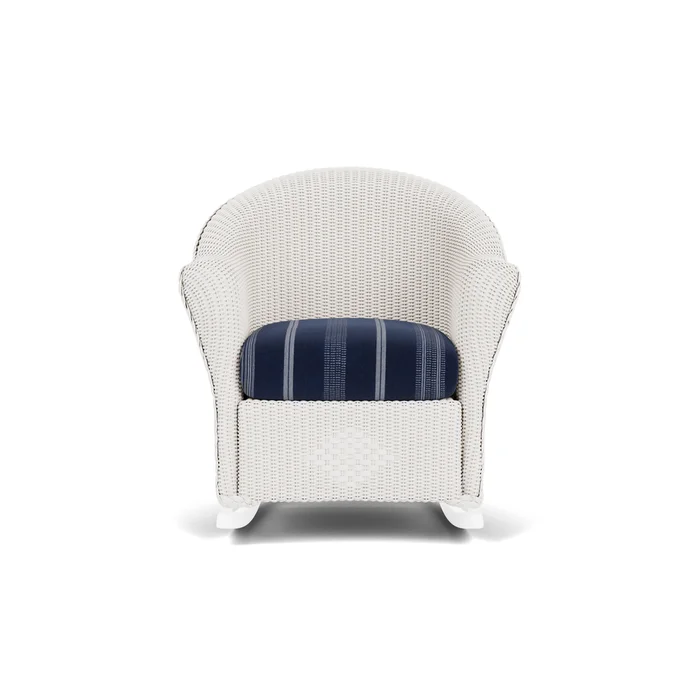 lloyd flanders reflections porch rocker in white finish with consider indigo fabric grade c