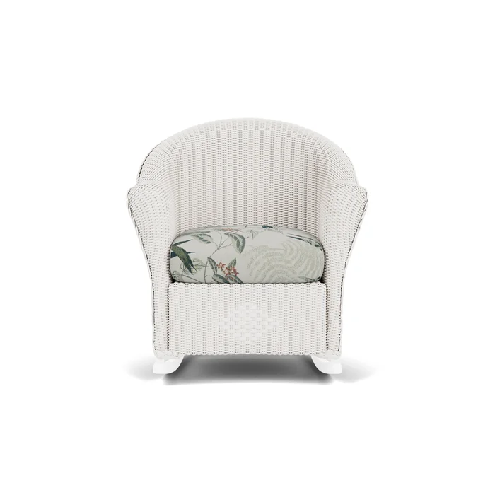 lloyd flanders reflections porch rocker in white finish with delicate botanical sage fabric grade d